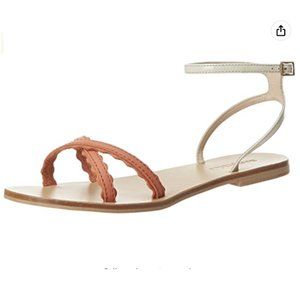 SEE BY CHLOE Leather scalloped Ankle Strap flat sandals Size 38- Coral & Cream